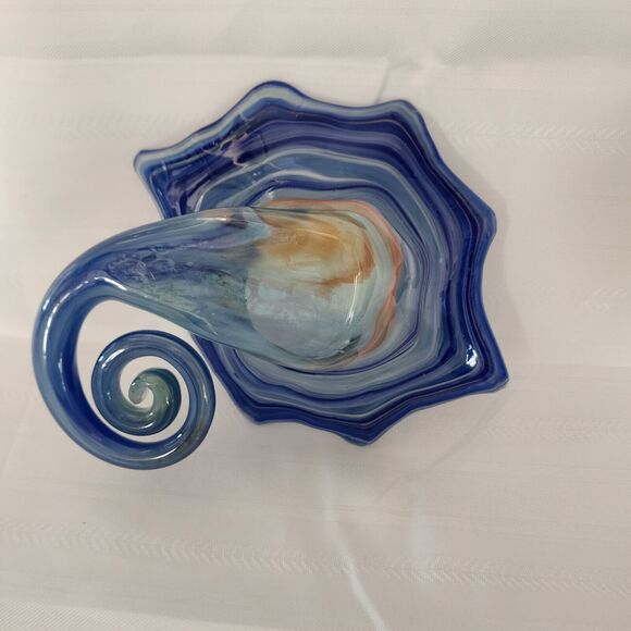 Sooner Bubble Art Glass Blue Free Form Cornucopia Candy Dish Hand Blown USA - Picture 8 of 14